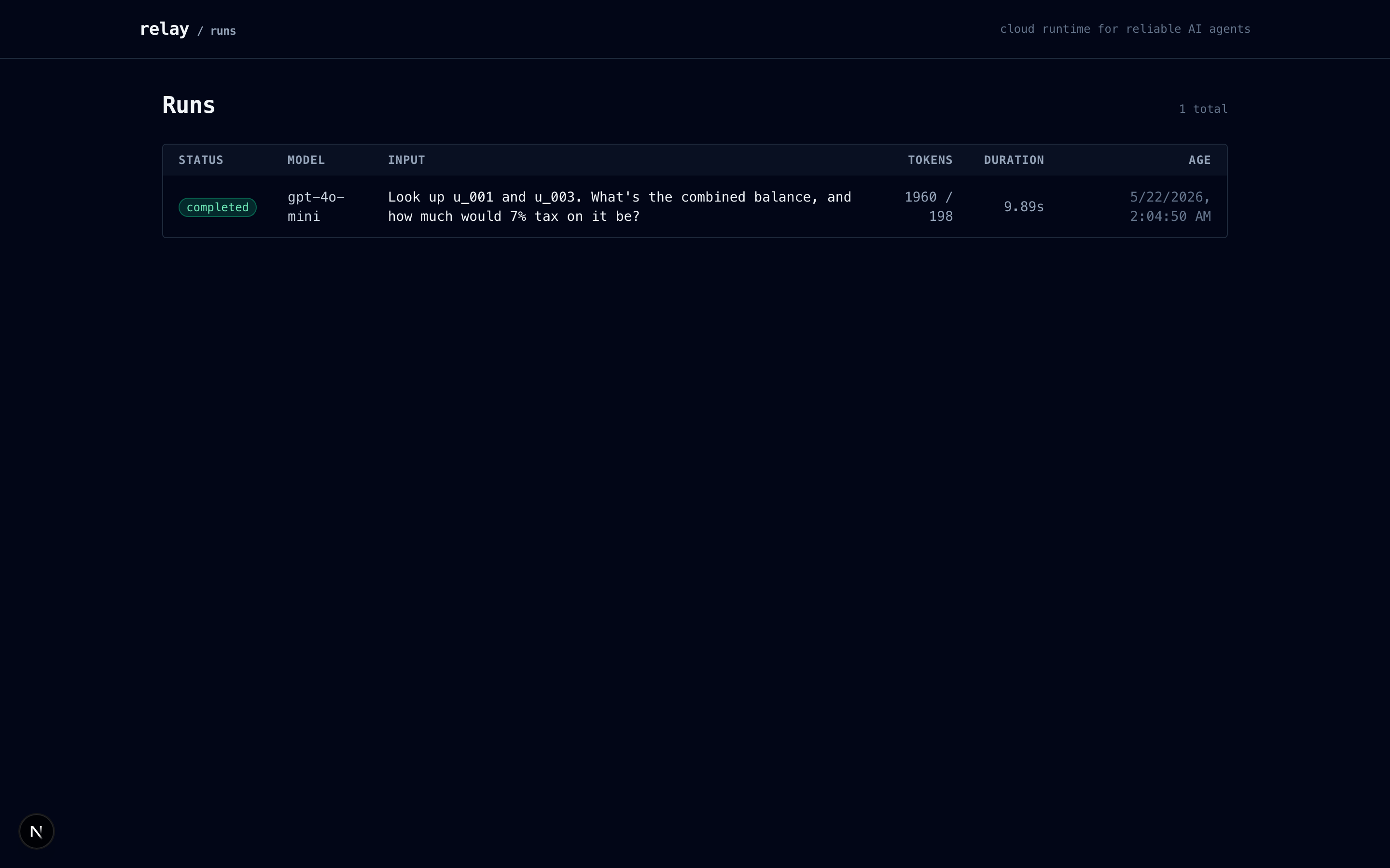 Relay dashboard runs list